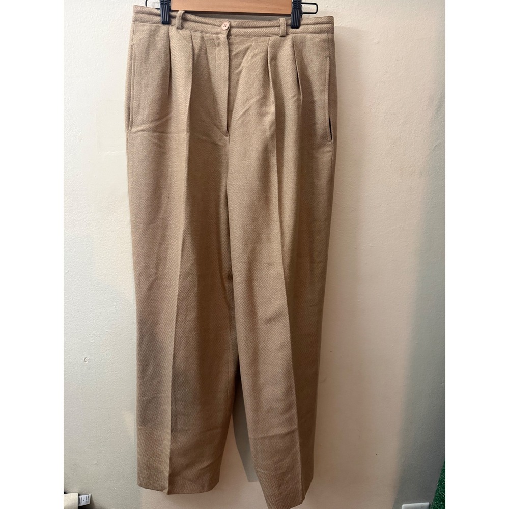 Anne Klein II Wool Cashmere Pleated Trousers Tan Straight Leg Vintage Size 14